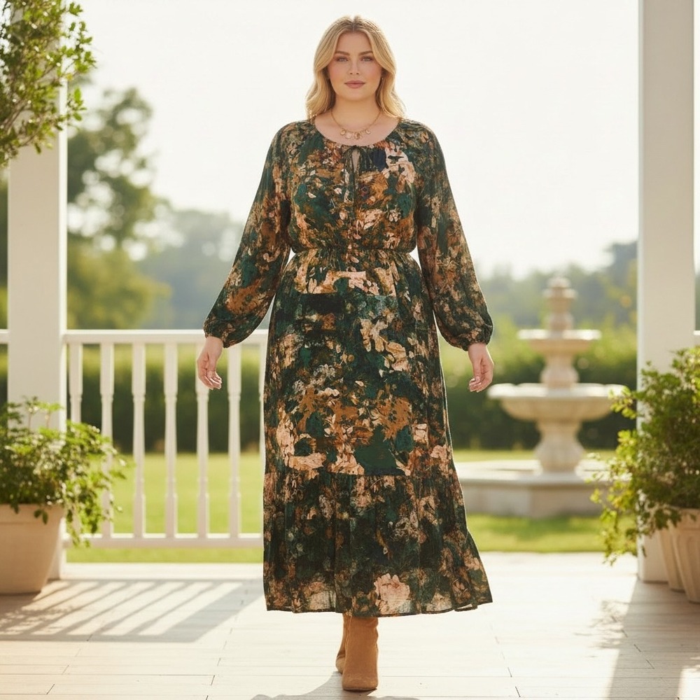 Soft Surroundings Floral Tiered Maxi Dress Boho Cottagecore Peasant Forest 1X